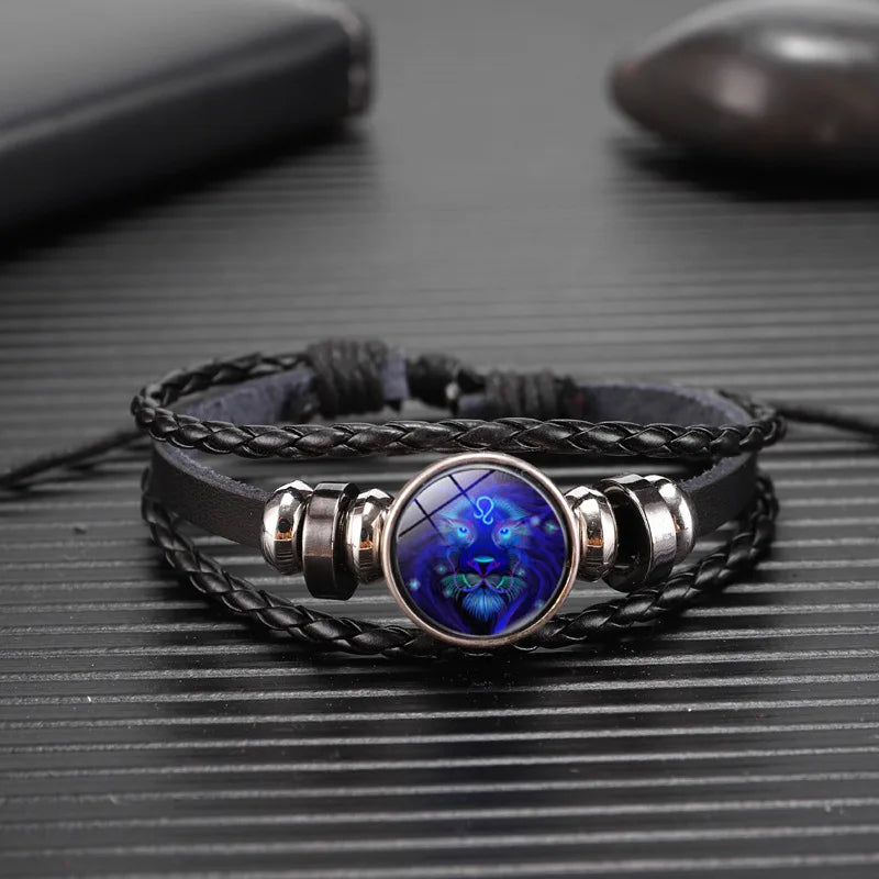 Bracelet lumineux à breloque constellation des 12 signes du zodiaque, bracelet et jonc tendance en cuir tressé multicouche pour homme et femme, cadeau d’anniversaire