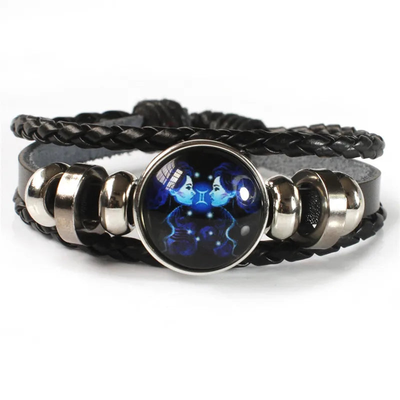 Bracelet lumineux à breloque constellation des 12 signes du zodiaque, bracelet et jonc tendance en cuir tressé multicouche pour homme et femme, cadeau d’anniversaire