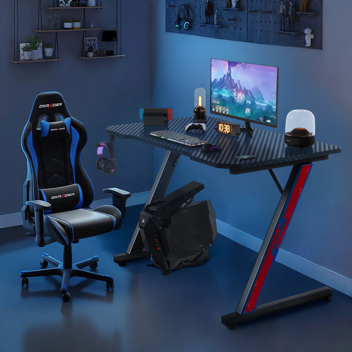 Gaming desk 80x52 cm, gaming desk, PC table with headphones hook and carbon fiber coating