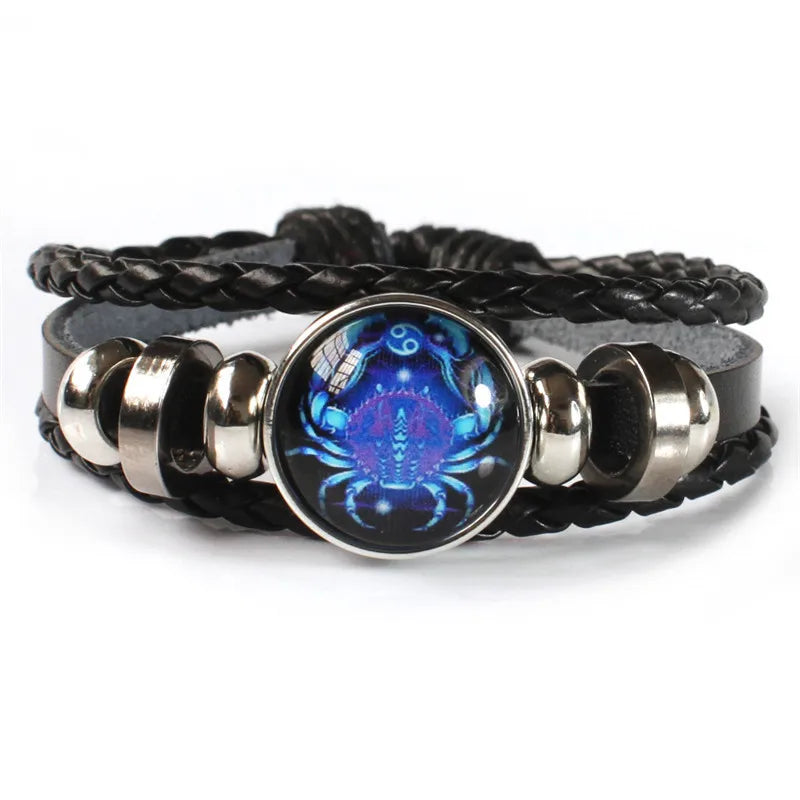 Bracelet lumineux à breloque constellation des 12 signes du zodiaque, bracelet et jonc tendance en cuir tressé multicouche pour homme et femme, cadeau d’anniversaire