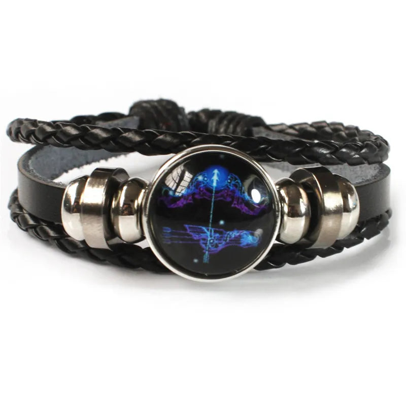 Bracelet lumineux à breloque constellation des 12 signes du zodiaque, bracelet et jonc tendance en cuir tressé multicouche pour homme et femme, cadeau d’anniversaire