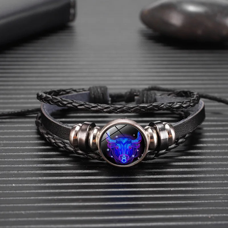 Bracelet lumineux à breloque constellation des 12 signes du zodiaque, bracelet et jonc tendance en cuir tressé multicouche pour homme et femme, cadeau d’anniversaire