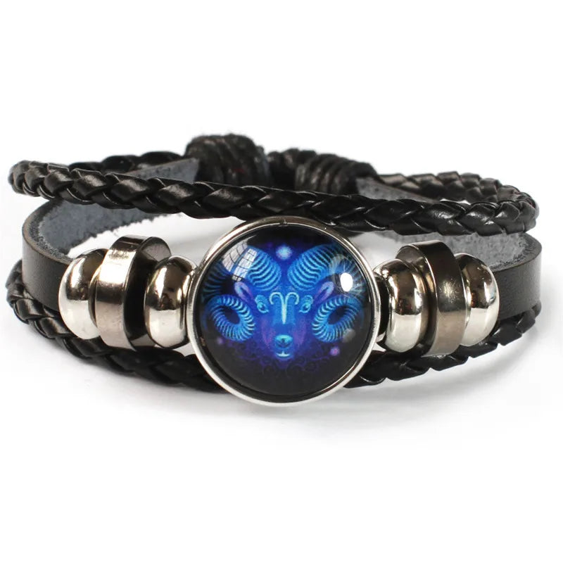 Bracelet lumineux à breloque constellation des 12 signes du zodiaque, bracelet et jonc tendance en cuir tressé multicouche pour homme et femme, cadeau d’anniversaire