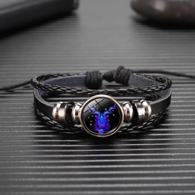 Bracelet lumineux à breloque constellation des 12 signes du zodiaque, bracelet et jonc tendance en cuir tressé multicouche pour homme et femme, cadeau d’anniversaire