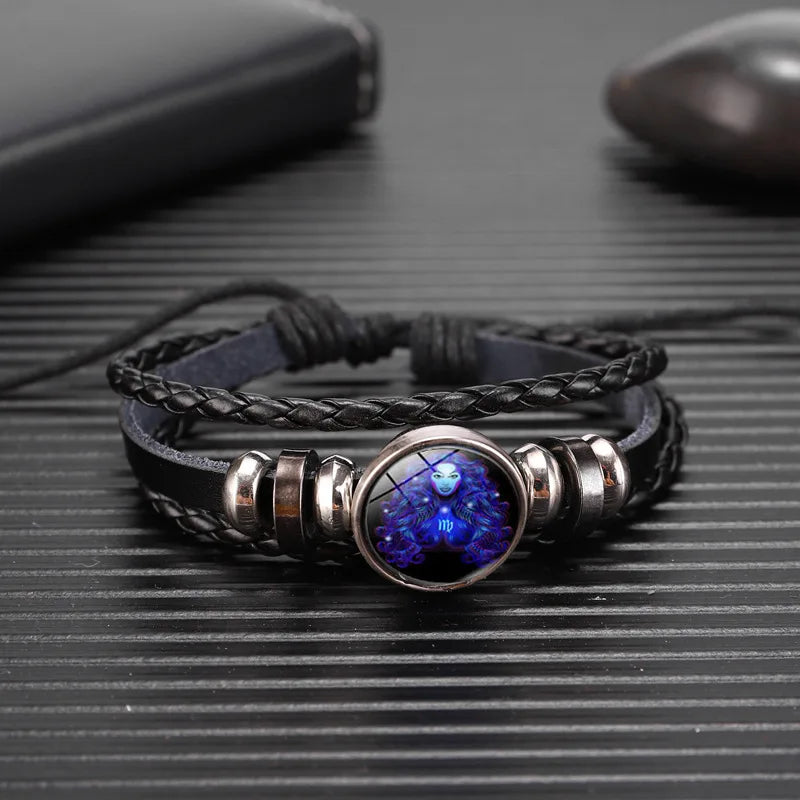 Bracelet lumineux à breloque constellation des 12 signes du zodiaque, bracelet et jonc tendance en cuir tressé multicouche pour homme et femme, cadeau d’anniversaire