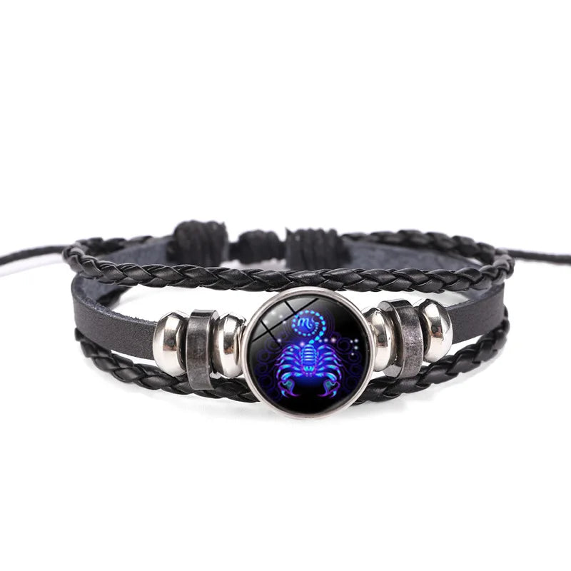 Bracelet lumineux à breloque constellation des 12 signes du zodiaque, bracelet et jonc tendance en cuir tressé multicouche pour homme et femme, cadeau d’anniversaire