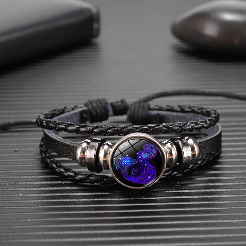 Bracelet lumineux à breloque constellation des 12 signes du zodiaque, bracelet et jonc tendance en cuir tressé multicouche pour homme et femme, cadeau d’anniversaire