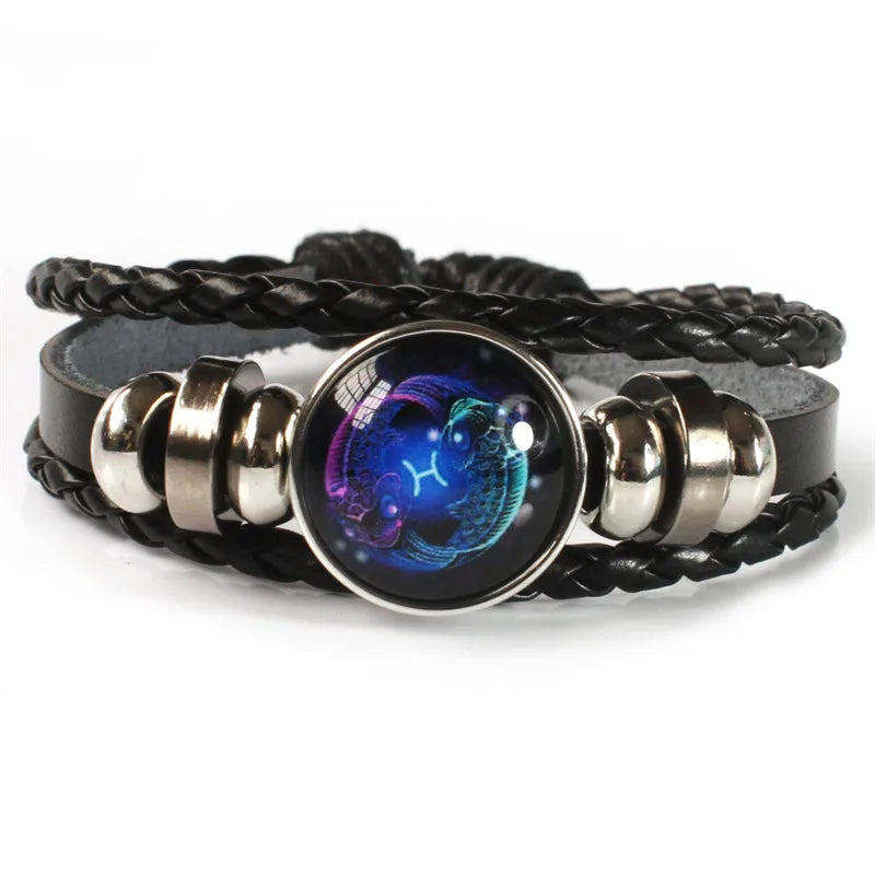 Bracelet lumineux à breloque constellation des 12 signes du zodiaque, bracelet et jonc tendance en cuir tressé multicouche pour homme et femme, cadeau d’anniversaire
