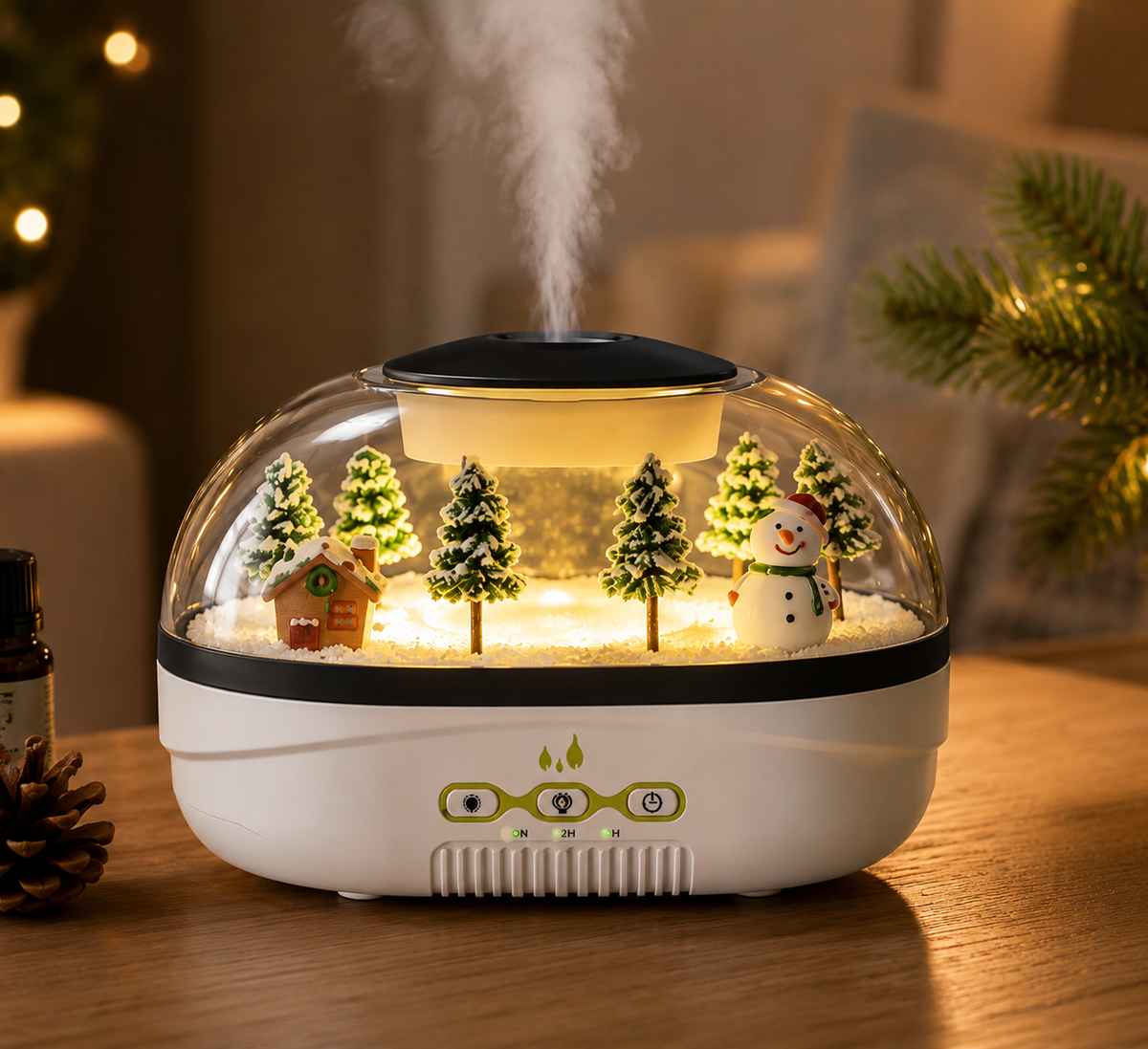 Diffuseur d’huiles essentielles boule à neige, à ultrasons avec veilleuse LED
