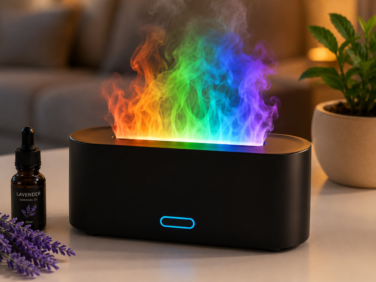 Diffuseur d’huiles essentielles à effet flamme arc-en-ciel, à ultrasons avec éclairage LED