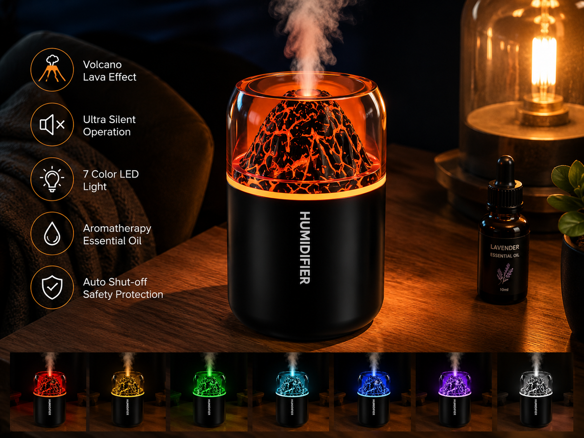 Diffuseur d'arômes Volcano Lava – Humidificateur à huiles essentielles ultrasonique avec lumière LED