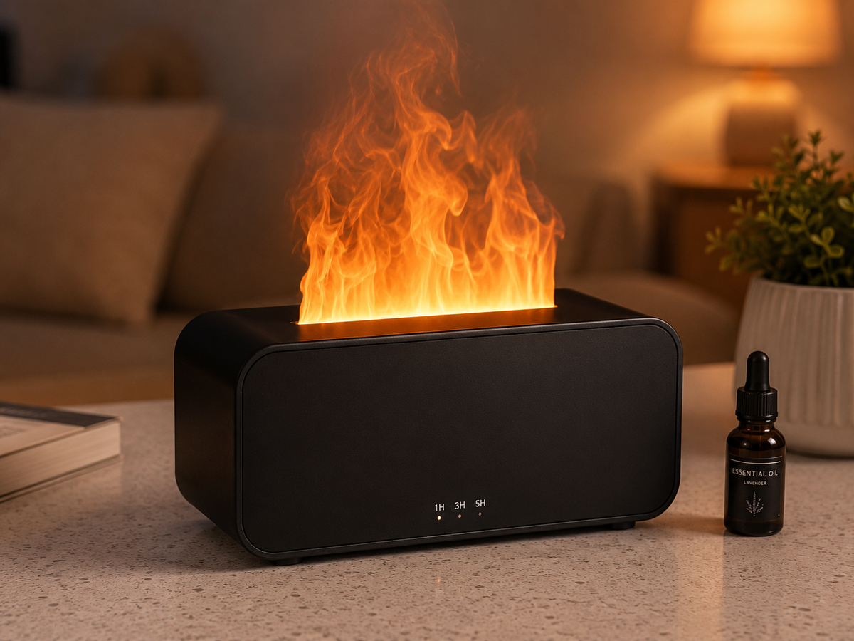 Diffuseur d’huiles essentielles à effet flamme LED, à ultrasons avec minuterie