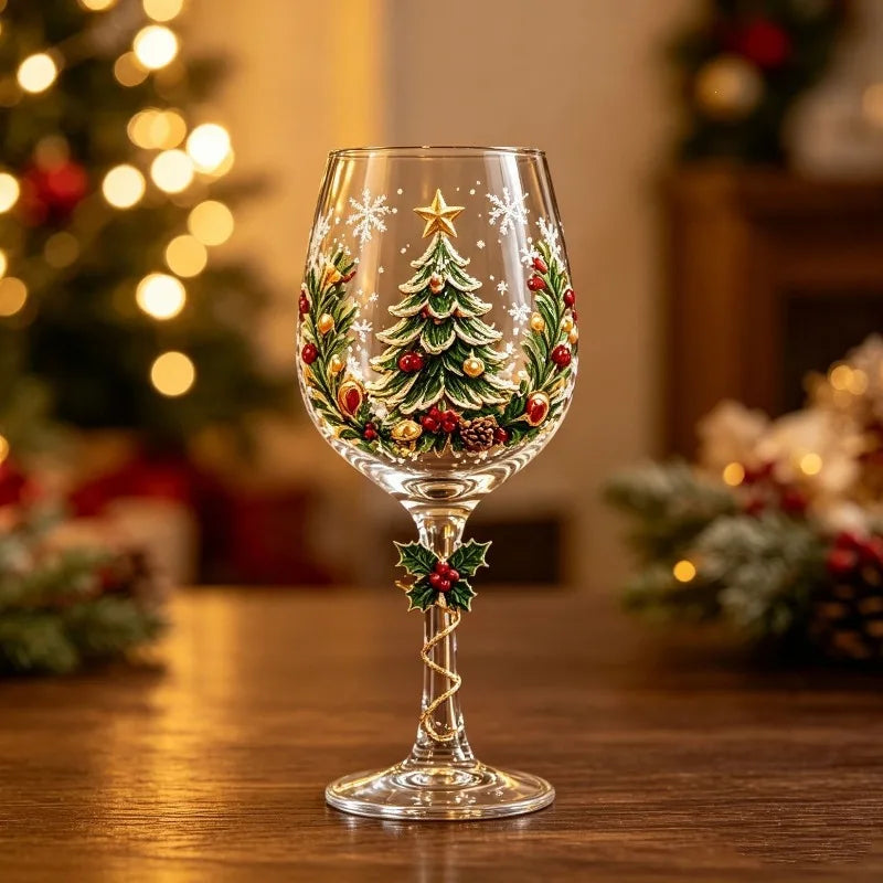 Gobelet sur pied en verre d’art de luxe motif flocon de neige de Noël, verre à vin pour les fêtes d’hiver, décoration de table de Noël, cadeau, verre à boire