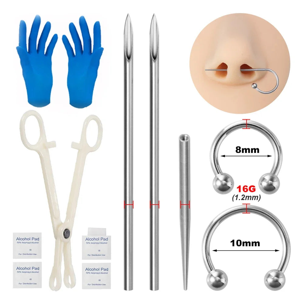 Kit de piercing avec aiguilles à pointe conique filetée en acier chirurgical, pour lèvres, nez, langue, cartilage, sourcils et nombril, avec pince à bijoux de piercing