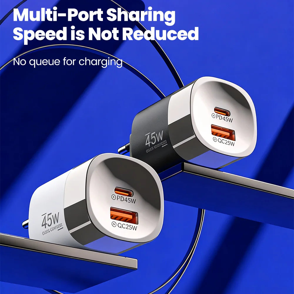 Chargeur de téléphone USB Type C Elough 45W Charge Super Rapide Double Port Mural Adaptateur USB PD Pour iPhone Realme Huawei Chargeur USB C