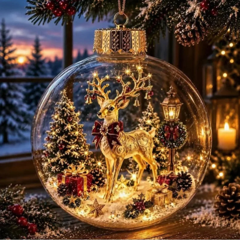 Boule de Noël transparente en forme de diorama, décoration lumineuse, scène de fêtes, décoration suspendue pour sapin de Noël, boule d’hiver pour fenêtre