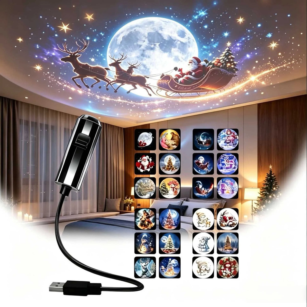 Projecteur LED de Noël 3/6/24 pièces Motifs de projection- Veilleuse réglable Père Noël Sapin de Noël Décoration de Noël