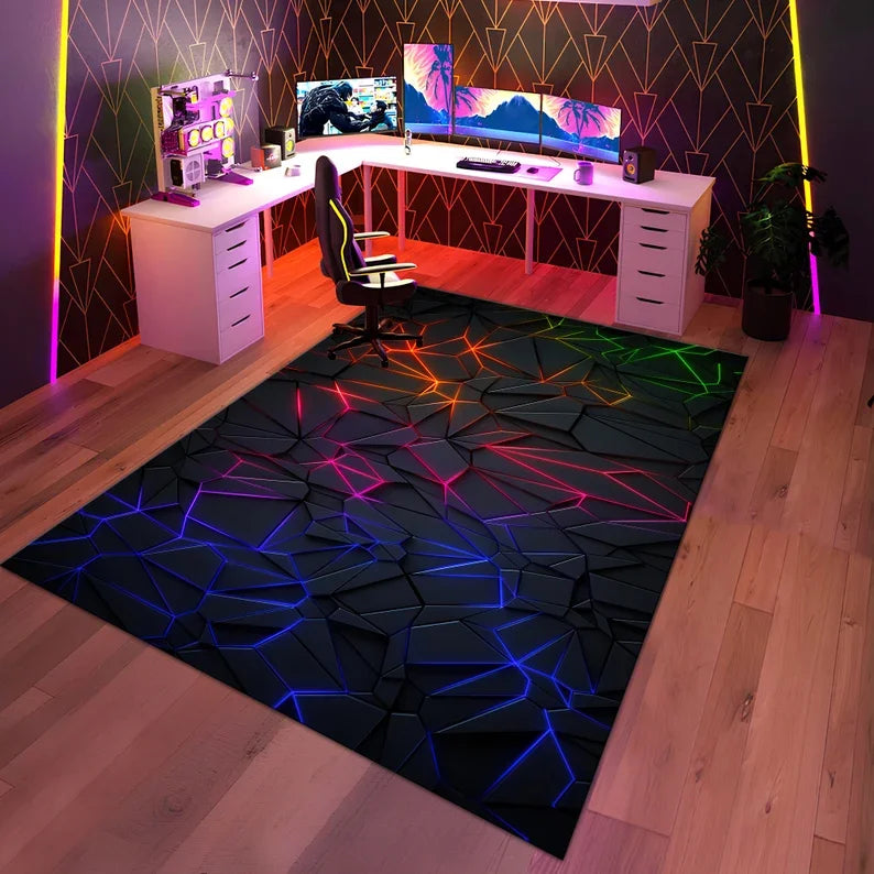 Tapis de jeu Gamer, Tapis géométrique de jeu, Tapis coloré pour salle de jeux, Tapis décoratif néon, Tapis de sport style néon, Tapis de surface, Cadeaux pour gamers