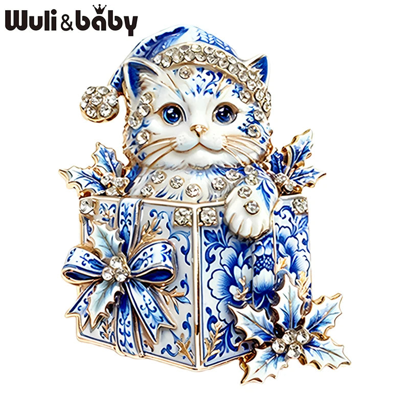 Wuli&baby Blue-and-white Porcelain Design Christmas Brooches For Women Tree Cats Santa Claus Nutcracker New Year Brooch Pins