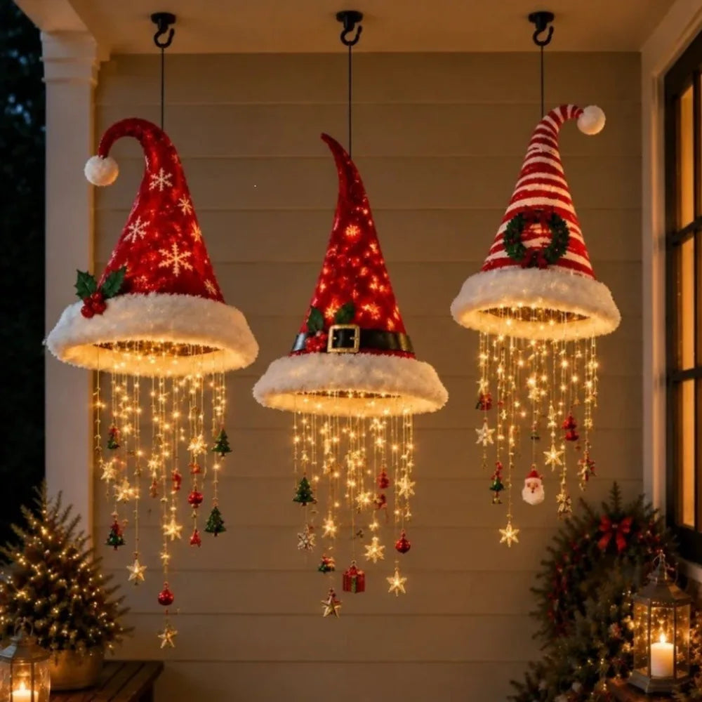 Christmas Hat LED Hanging Lamp Santa Hat String Light Pendant Ornaments Xmas Tree Wall Decor Party Window Decoration Light Gifts