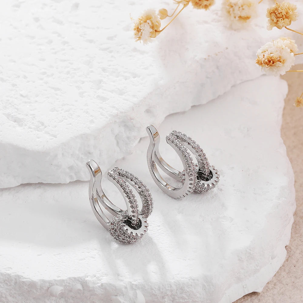 Silver Color Cubic Zirconia Double Layer Cartilage Earring Ear Clip Waterproof Allergy Womens Jewelry No Perforation Required