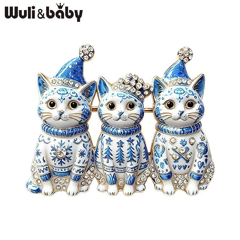 Wuli&baby Blue-and-white Porcelain Design Christmas Brooches For Women Tree Cats Santa Claus Nutcracker New Year Brooch Pins
