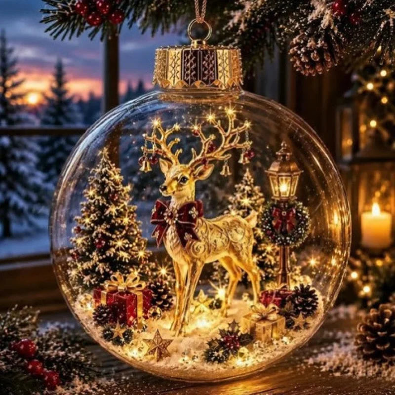 Boule de Noël transparente en forme de diorama, décoration lumineuse, scène de fêtes, décoration suspendue pour sapin de Noël, boule d’hiver pour fenêtre