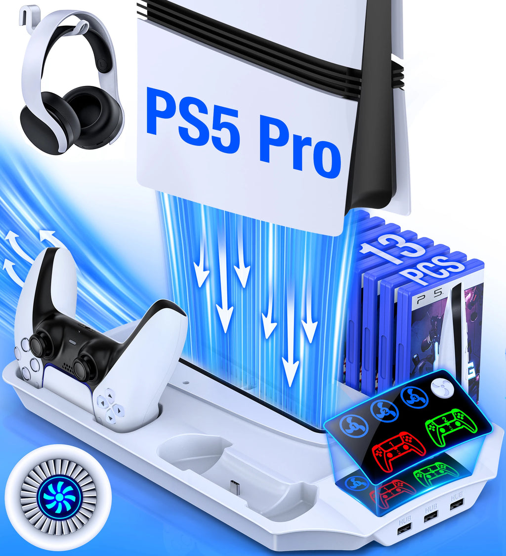 BEBONCOOL for PS5/PS5 Slim/PS5 Pro Stand with Headphone Hook Cooling Stand&Controller Charger for PS5 With 3 Levels Cooling Fan