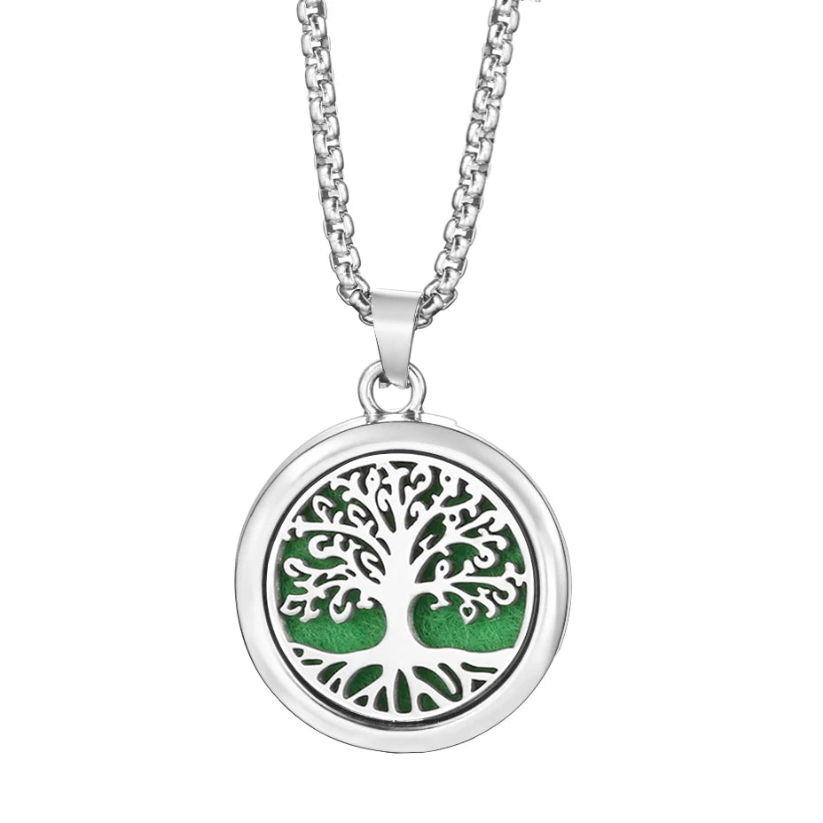 Trendy 20mm Tree of Life Stainless Steel Aromatherapy Lockets Insert Pad Perfume Pendant Necklace Essential Oil Diffuser Jewelry