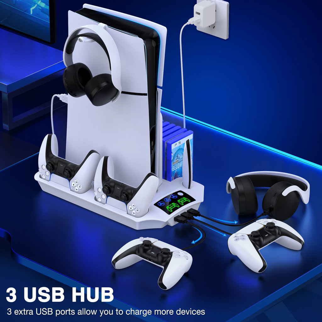 BEBONCOOL for PS5/PS5 Slim/PS5 Pro Stand with Headphone Hook Cooling Stand&Controller Charger for PS5 With 3 Levels Cooling Fan