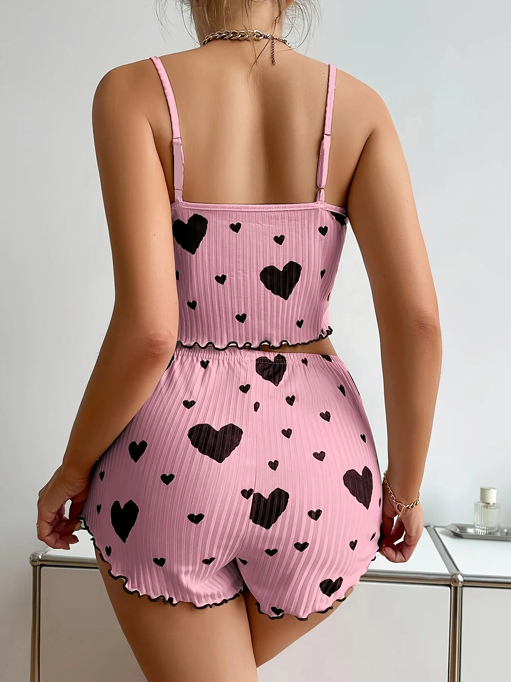 Women's Heart Print Pajama Set 2PCS Soft Ribbed Tank Top and Shorts Lightweight Sleepwear Loungewear S M L