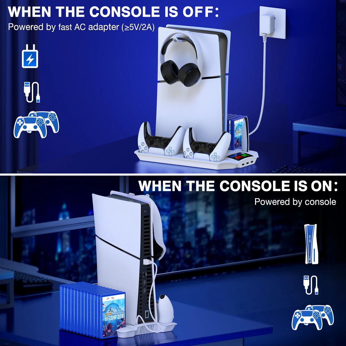 BEBONCOOL for PS5/PS5 Slim/PS5 Pro Stand with Headphone Hook Cooling Stand&Controller Charger for PS5 With 3 Levels Cooling Fan
