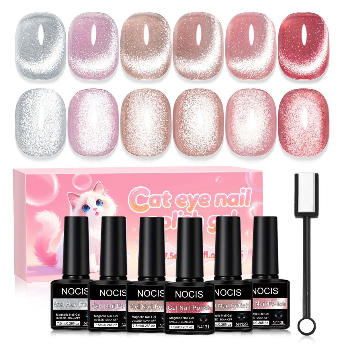 6pcs 7,5ml Nouveau Gel à Ongles Magnétique Œil de Chat Réfléchissant Populaire Nail Art Semi-Permanent à Enlever LED Salon de Ongles DIY Gel pour Salon de Ongles
