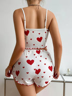 Women's Heart Print Pajama Set 2PCS Soft Ribbed Tank Top and Shorts Lightweight Sleepwear Loungewear S M L