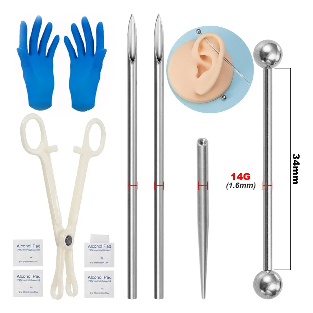 Kit de piercing avec aiguilles à pointe conique filetée en acier chirurgical, pour lèvres, nez, langue, cartilage, sourcils et nombril, avec pince à bijoux de piercing