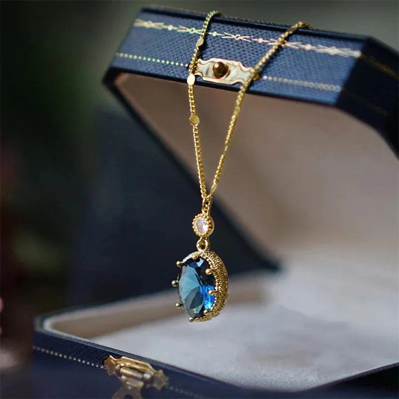 Collier avec pendentif ovale en pierre bleue en argent sterling 925, magnifique accessoire de mariage et de mariée, cadeau de bijoux fantaisie pour femme
