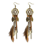 Boho Ethnic Dream Catcher Feather Antique Long Hook Earrings Fancy Handmade Chain Tassle Earring For Women Jewelry