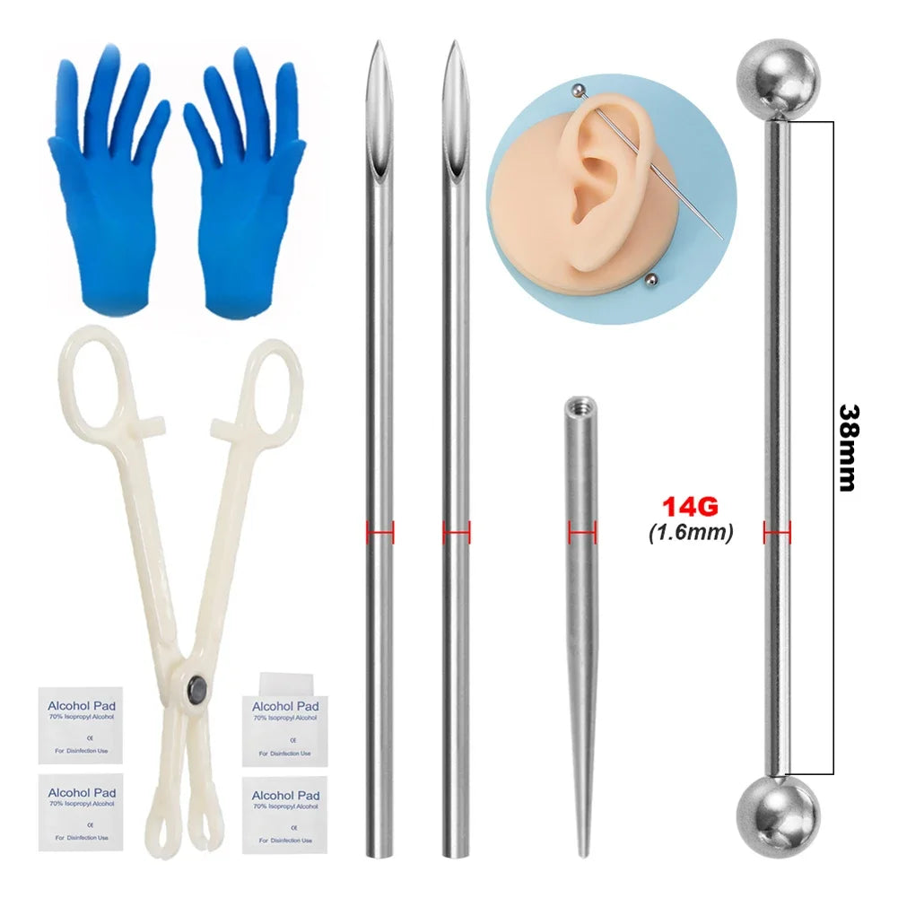 Kit de piercing avec aiguilles à pointe conique filetée en acier chirurgical, pour lèvres, nez, langue, cartilage, sourcils et nombril, avec pince à bijoux de piercing