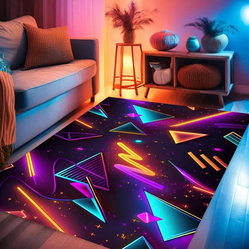 Tapis de jeu Gamer, Tapis géométrique de jeu, Tapis coloré pour salle de jeux, Tapis décoratif néon, Tapis de sport style néon, Tapis de surface, Cadeaux pour gamers