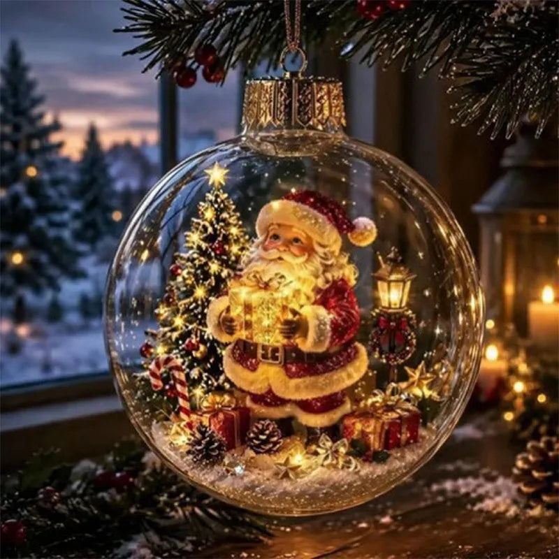 Boule de Noël transparente en forme de diorama, décoration lumineuse, scène de fêtes, décoration suspendue pour sapin de Noël, boule d’hiver pour fenêtre