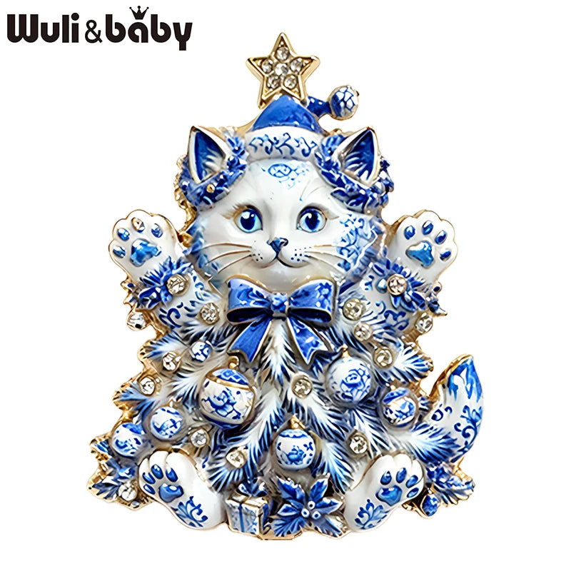 Wuli&baby Blue-and-white Porcelain Design Christmas Brooches For Women Tree Cats Santa Claus Nutcracker New Year Brooch Pins