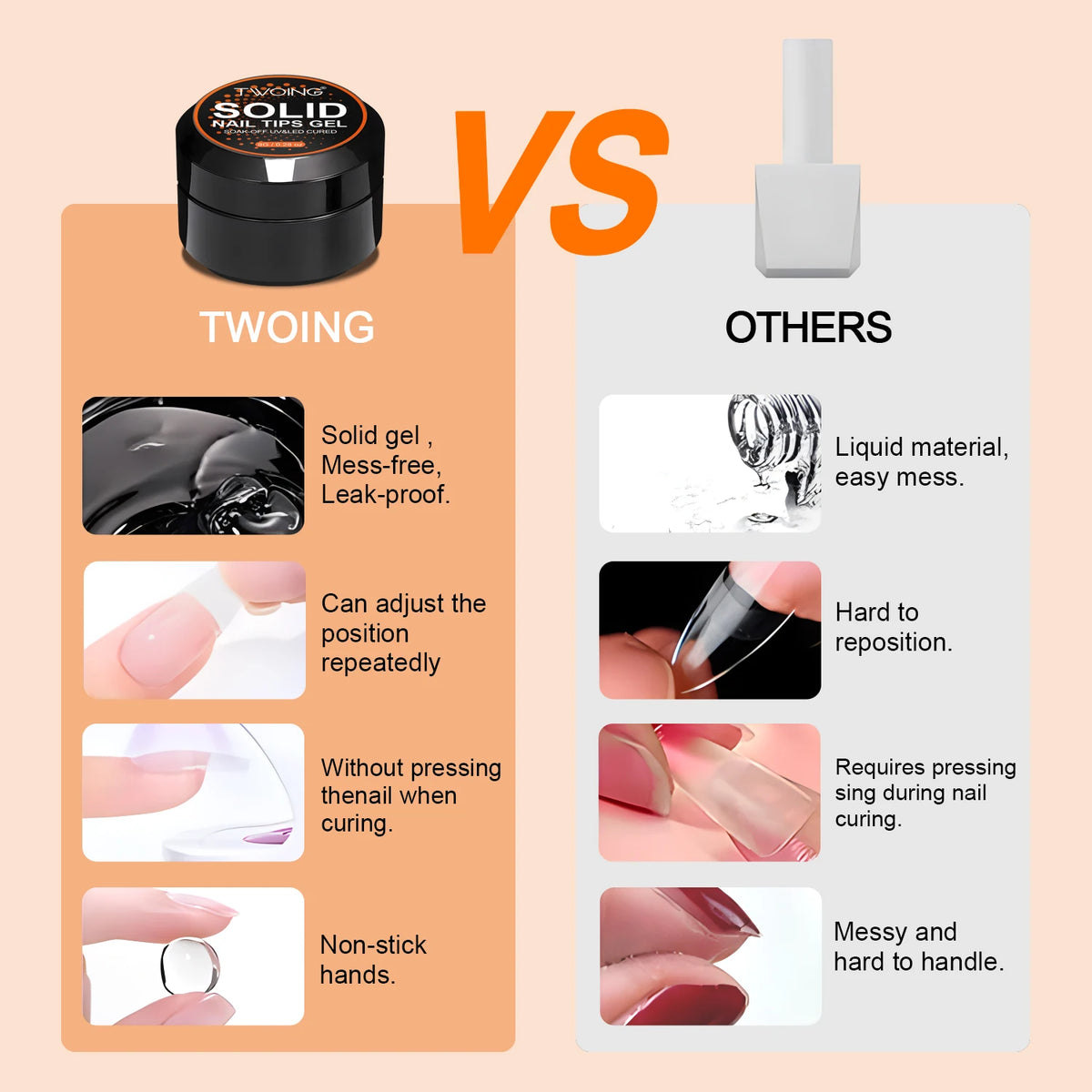 TWOING 8g Clear Solid Nail Tips Gel Long-Lasting Strong Adhesion UV/LED Building Gel pour ongles Home Salon Manucure DIY Design