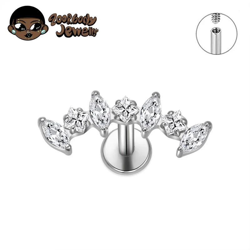 Boucle d’oreille d’oreille cartilage grimpante droite en titane ASTM F136, ornée de zircons cubiques, avec courbe marquise, pour hélix, tragus et labret, à dos plat, bijou de piercing corporel