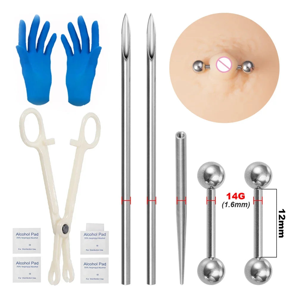 Kit de piercing avec aiguilles à pointe conique filetée en acier chirurgical, pour lèvres, nez, langue, cartilage, sourcils et nombril, avec pince à bijoux de piercing