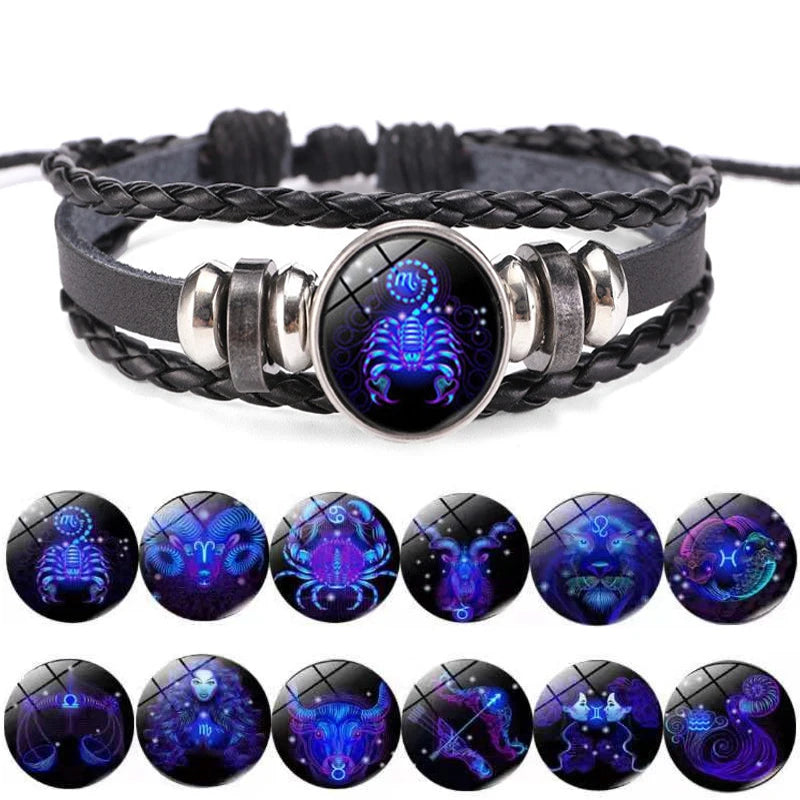 Bracelet lumineux à breloque constellation des 12 signes du zodiaque, bracelet et jonc tendance en cuir tressé multicouche pour homme et femme, cadeau d’anniversaire