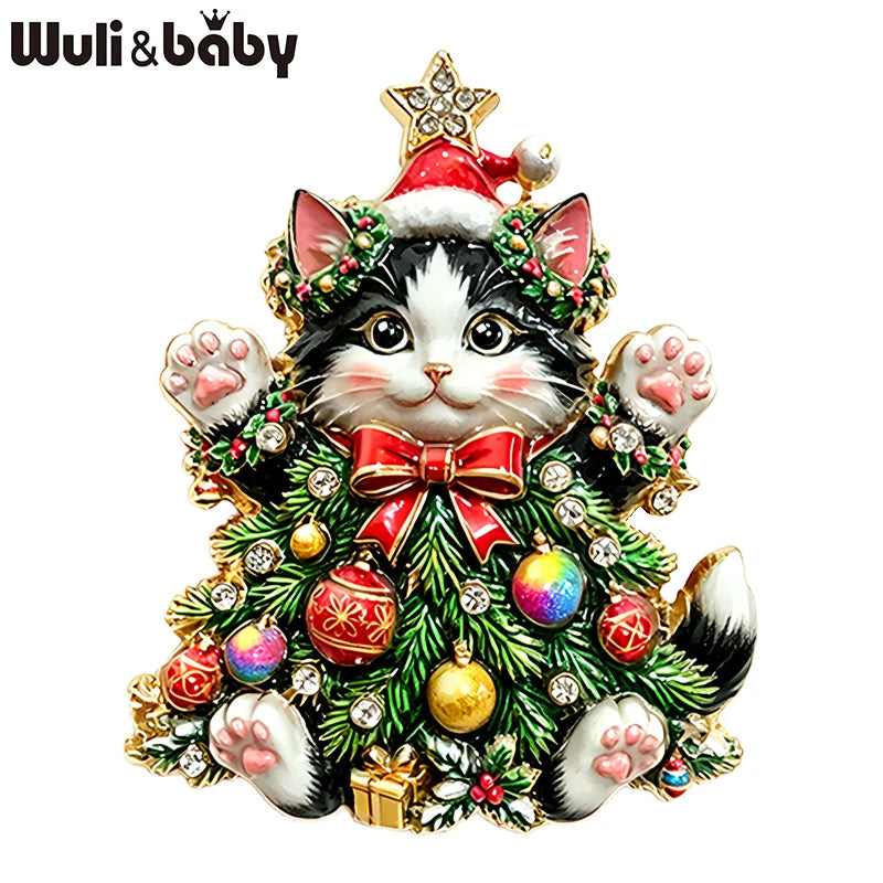 Wuli&baby Blue-and-white Porcelain Design Christmas Brooches For Women Tree Cats Santa Claus Nutcracker New Year Brooch Pins