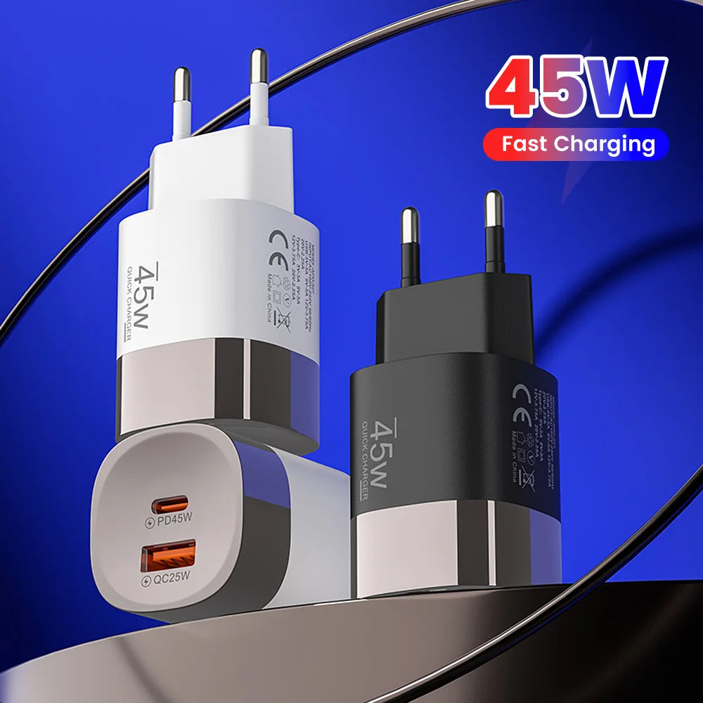 Chargeur de téléphone USB Type C Elough 45W Charge Super Rapide Double Port Mural Adaptateur USB PD Pour iPhone Realme Huawei Chargeur USB C