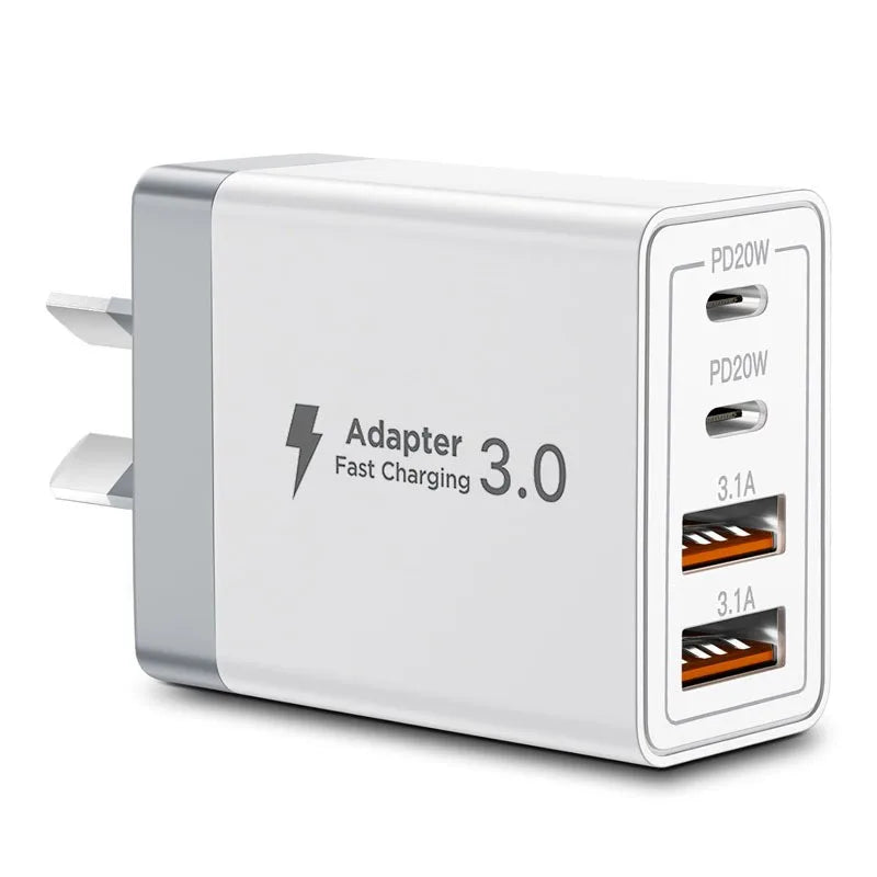 Chargeur de téléphone portable multi-ports USB-C/USB-A à brancher au mur UE/Royaume-Uni/États-Unis/Australie, adaptateur secteur à double charge rapide PD 40 W pour iPhone, Xiaomi