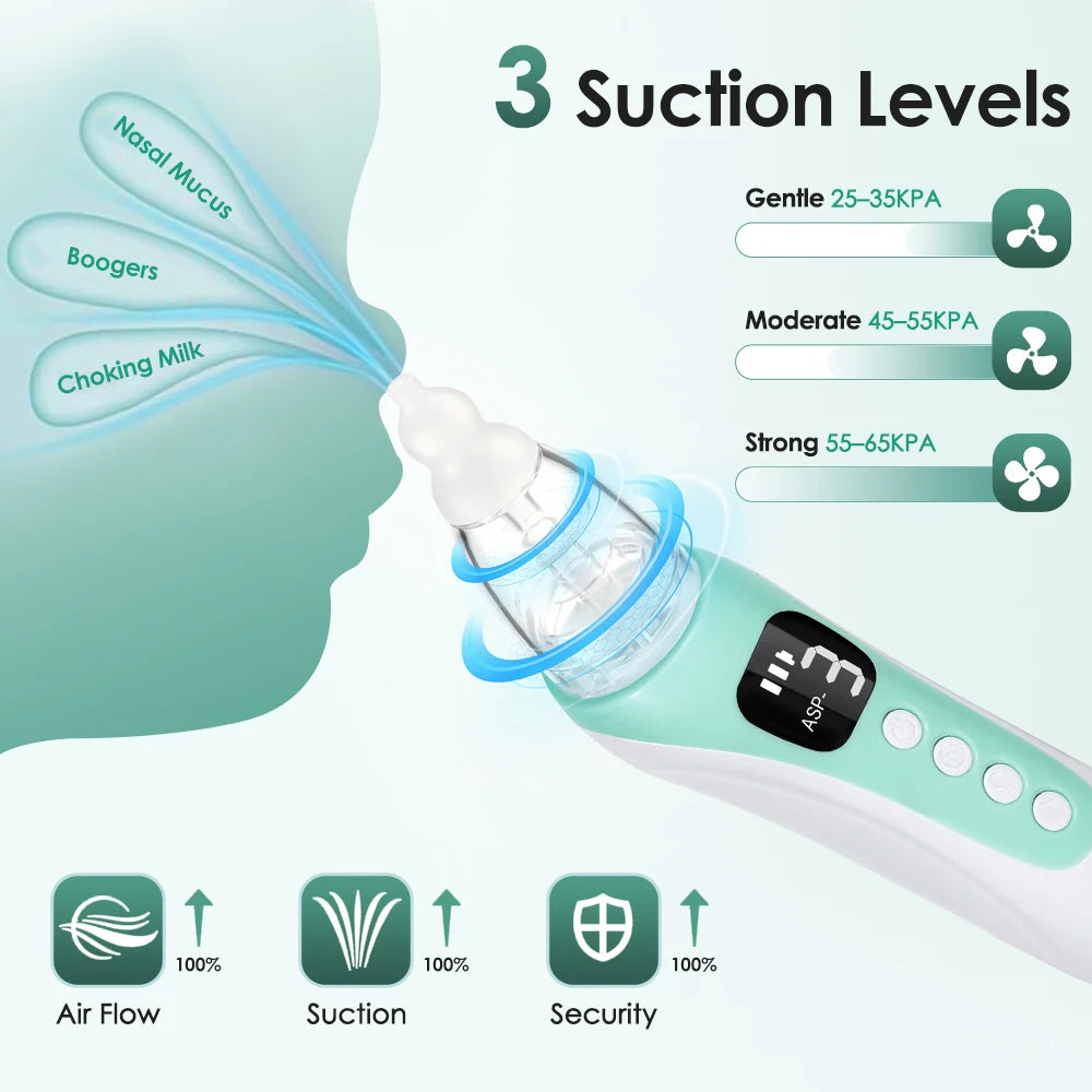 Aspirateur nasal électrique pour bébé, aspirateur de nez rechargeable pour nouveau-né et tout-petit, 3 niveaux d'aspiration, 10 mélodies apaisantes, embouts en silicone