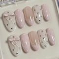 10-Piece Set of Silver Star Polka Dot Lace French-Style Medium-Short Oval Korean-Style Gentle Handmade Nail Art, Suitable for Daily Campus Wear, Jk Uniforms, Picnics, Afternoon Tea Dates, Korean-Style Outfits, Floral Dresses,